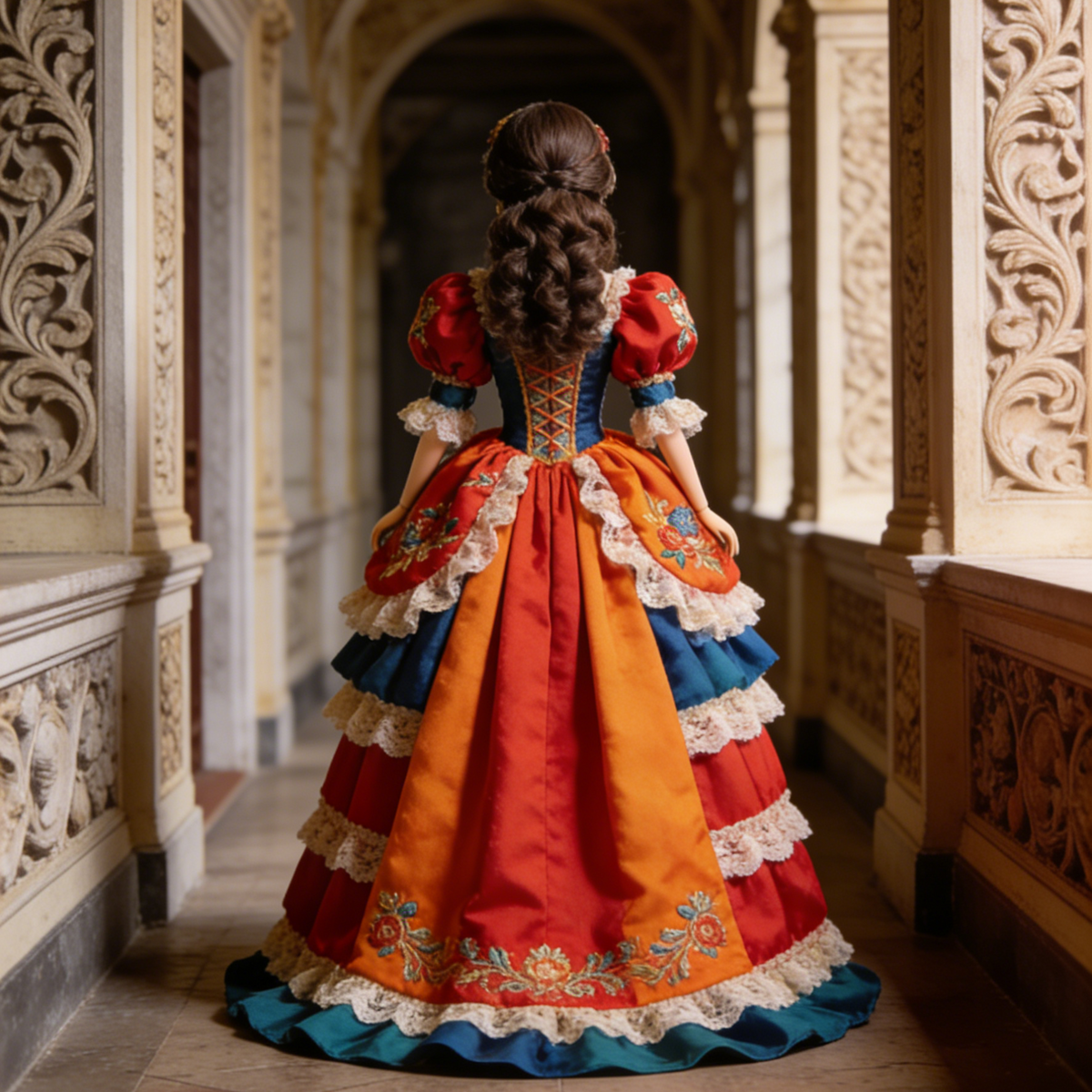 Baroque Court Gown - Red, Blue, Green Embroidered Doll Dress for 1/3 BJD Dolls with Puffed Sleeves