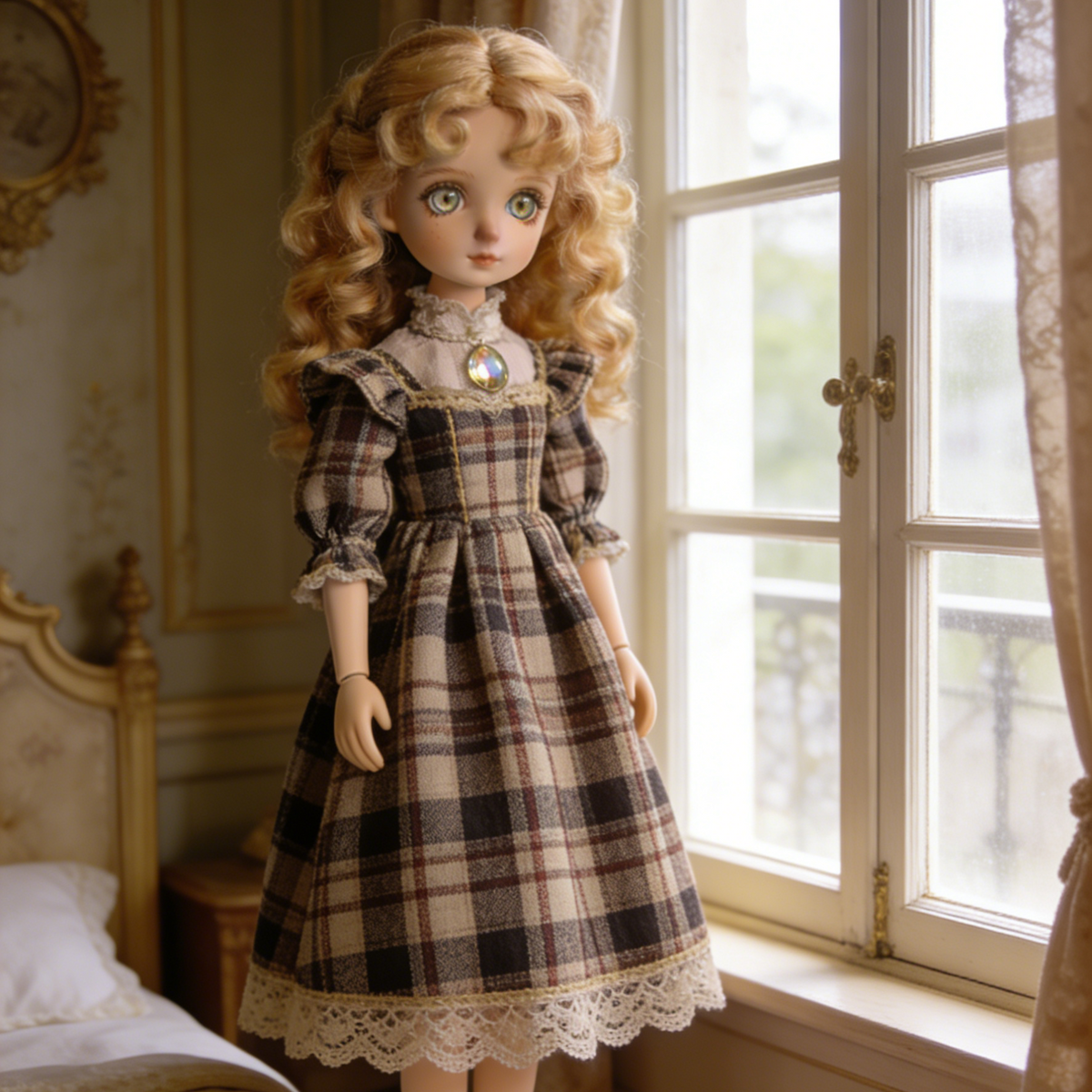 Vintage Plaid Court Dress - Brown Tartan Doll Outfit with Lace Collar for 1/4 BJD Dolls