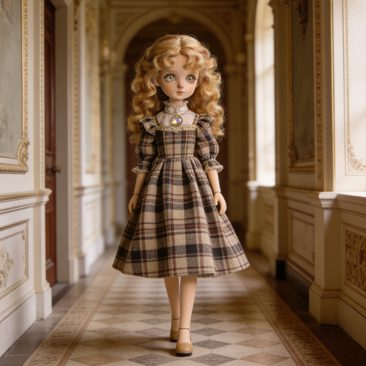 Vintage Plaid Court Dress - Brown Tartan Doll Outfit with Lace Collar for 1/4 BJD Dolls