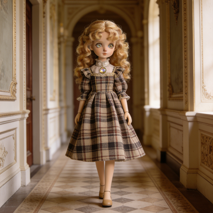 Vintage Plaid Court Dress - Brown Tartan Doll Outfit with Lace Collar for 1/4 BJD Dolls