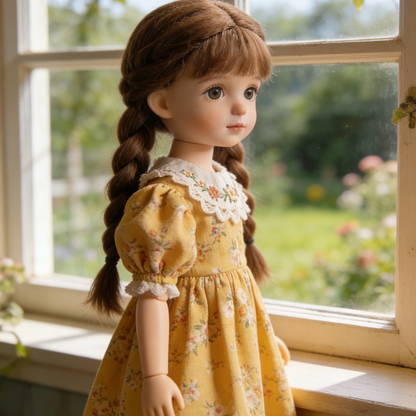 Countryside Floral Dress - Mustard Yellow Doll Outfit with Embroidered Lace Collar for 1/4 BJD Dolls