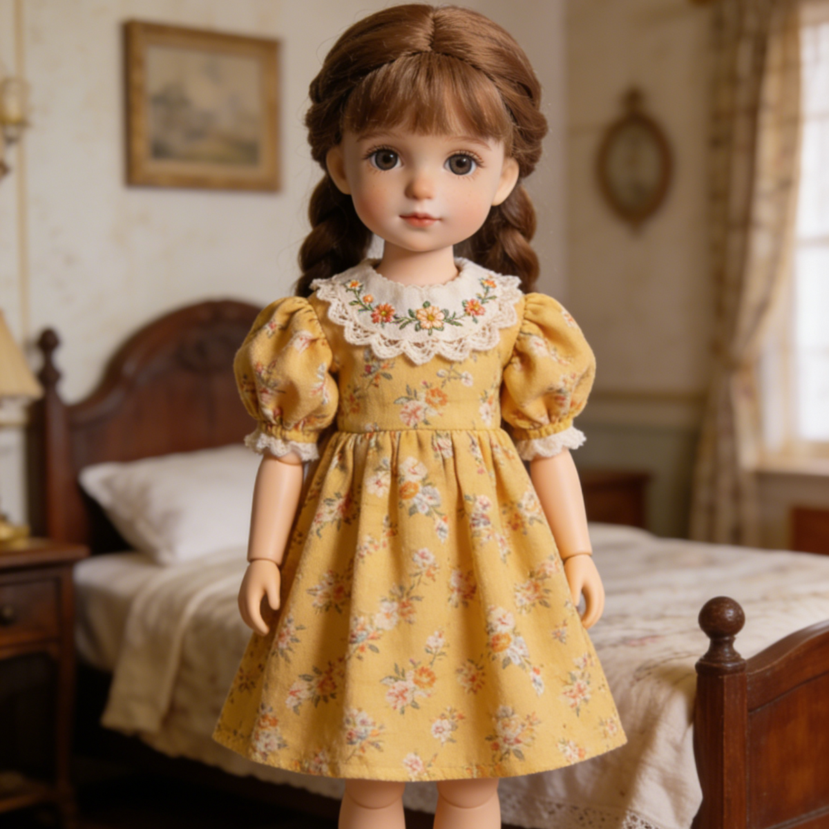 Countryside Floral Dress - Mustard Yellow Doll Outfit with Embroidered Lace Collar for 1/4 BJD Dolls