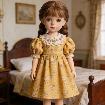 Countryside Floral Dress - Mustard Yellow Doll Outfit with Embroidered Lace Collar for 1/4 BJD Dolls