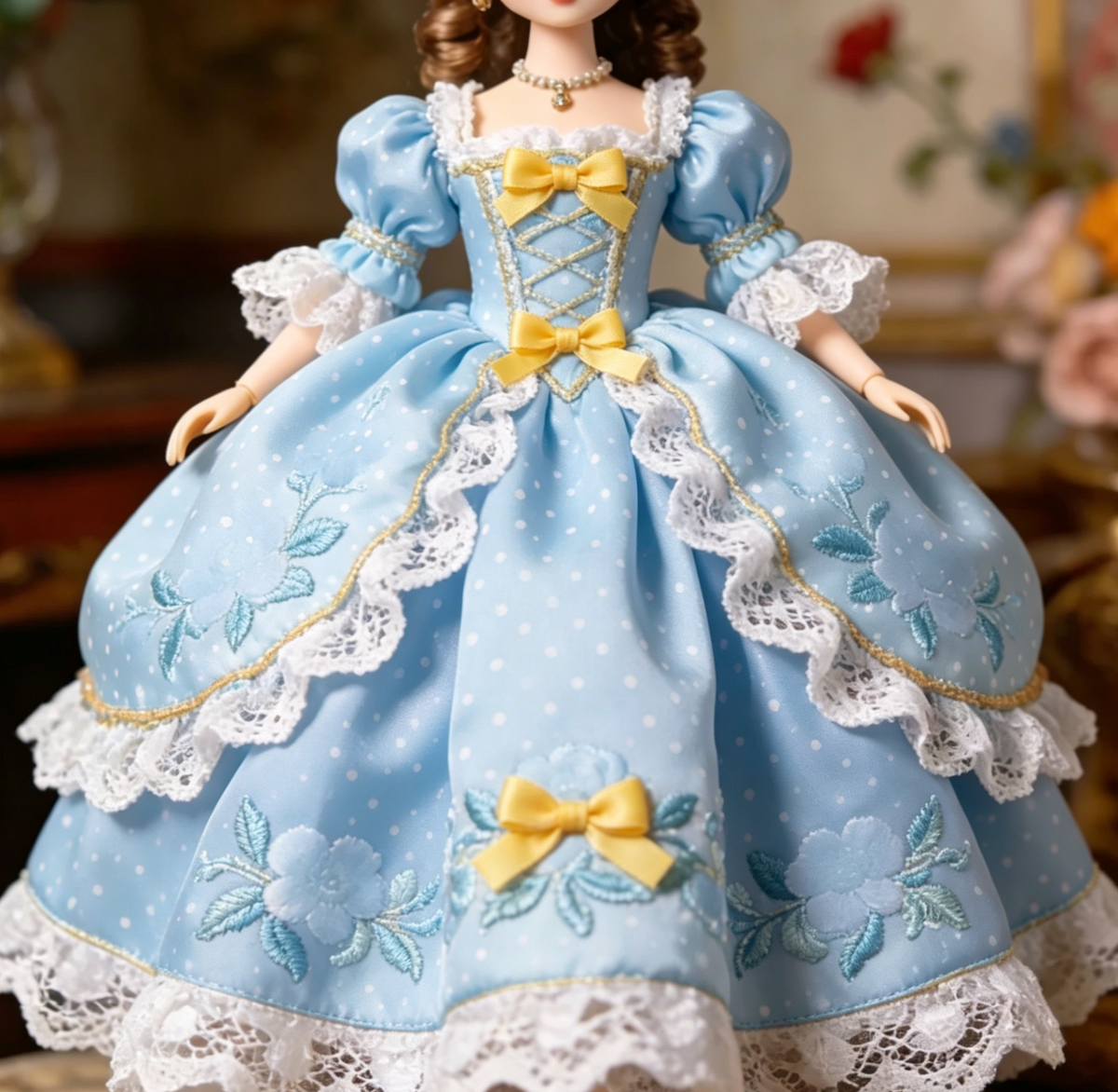 Sky-Blue Rococo Lace Doll Dress - Vintage Princess Outfit for Collectible BJD Doll