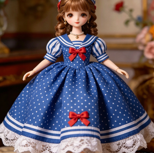 Navy Polka Dot Sailor-style Doll Dress - Cute Nautical Lolita Outfit for 1/6 Fashion Dolls
