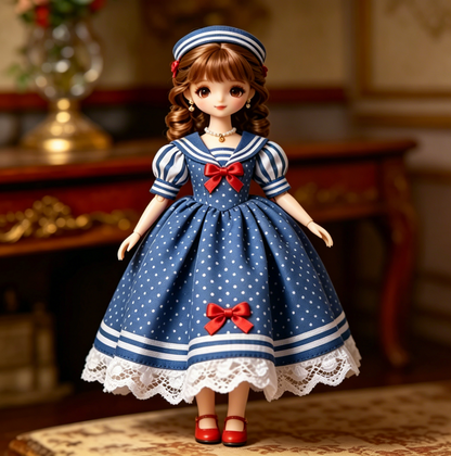 Navy Polka Dot Sailor-style Doll Dress - Cute Nautical Lolita Outfit for 1/6 Fashion Dolls