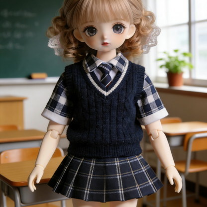 Preppy Knit Vest Plaid Doll Outfit - Navy Blue School Uniform Set for 1/4 BJD Dolls (Shirt, Tie, Vest, Skirt)