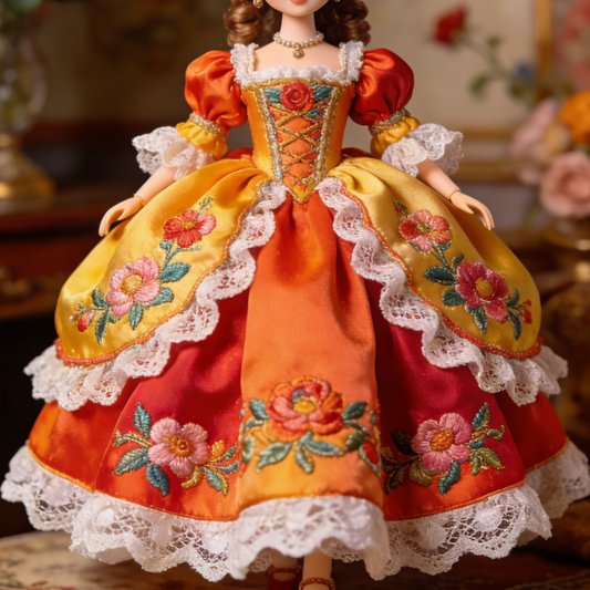 Royal Floral Embroidered Gown - Orange to Red Ombre Doll Dress for 1/3 BJD Dolls with Floral Appliqués