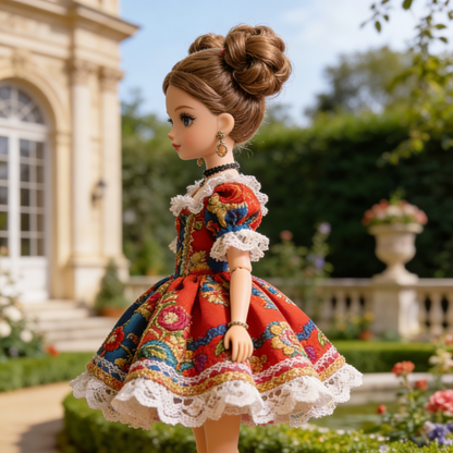 Flamenco Mini Dress - Red, Blue, Green Floral Embroidered Doll Outfit with Lace Trim for 1/6 BJD Dolls