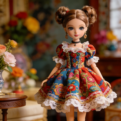 Flamenco Mini Dress - Red, Blue, Green Floral Embroidered Doll Outfit with Lace Trim for 1/6 BJD Dolls