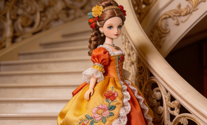 Royal Floral Embroidered Gown - Orange to Red Ombre Doll Dress for 1/3 BJD Dolls with Floral Appliqués