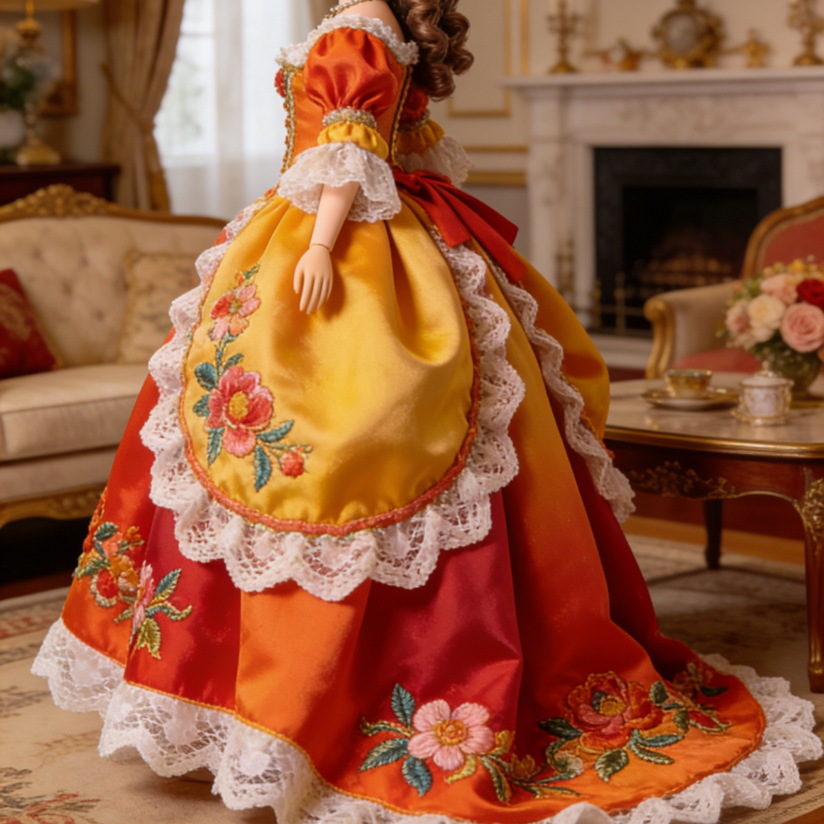 Royal Floral Embroidered Gown - Orange to Red Ombre Doll Dress for 1/3 BJD Dolls with Floral Appliqués