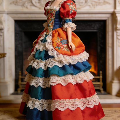 Baroque Court Gown - Red, Blue, Green Embroidered Doll Dress for 1/3 BJD Dolls with Puffed Sleeves