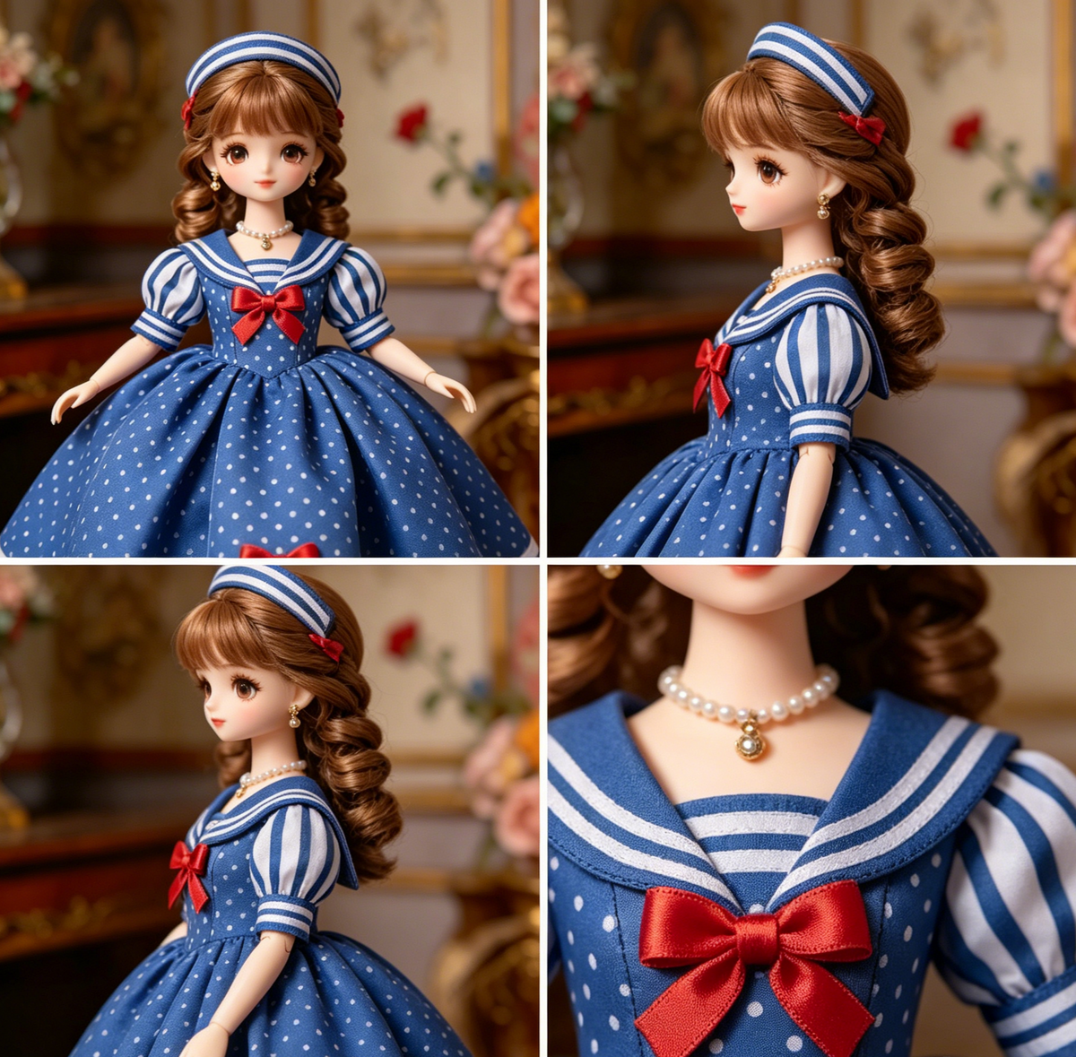 Navy Polka Dot Sailor-style Doll Dress - Cute Nautical Lolita Outfit for 1/6 Fashion Dolls