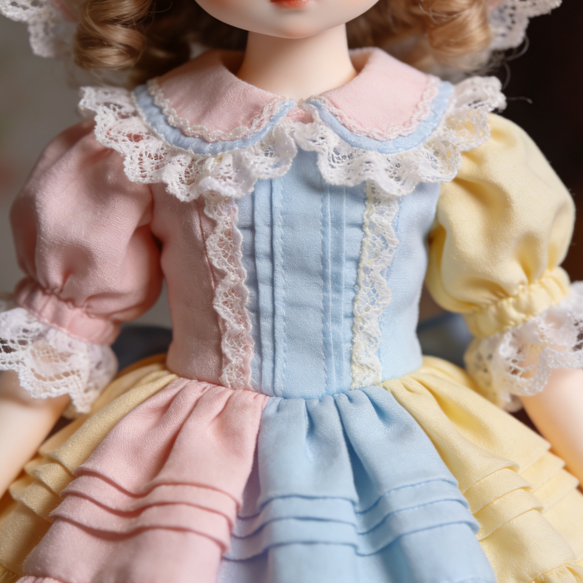 Pastel Macaron Ruffled Lolita Dress - Pink, Blue, Yellow Color Block Doll Outfit with Bonnet for 1/4 BJD Dolls