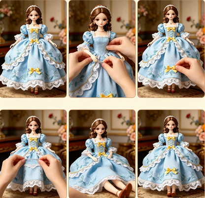 Sky-Blue Rococo Lace Doll Dress - Vintage Princess Outfit for Collectible BJD Doll