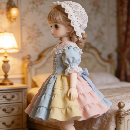 Pastel Macaron Ruffled Lolita Dress - Pink, Blue, Yellow Color Block Doll Outfit with Bonnet for 1/4 BJD Dolls
