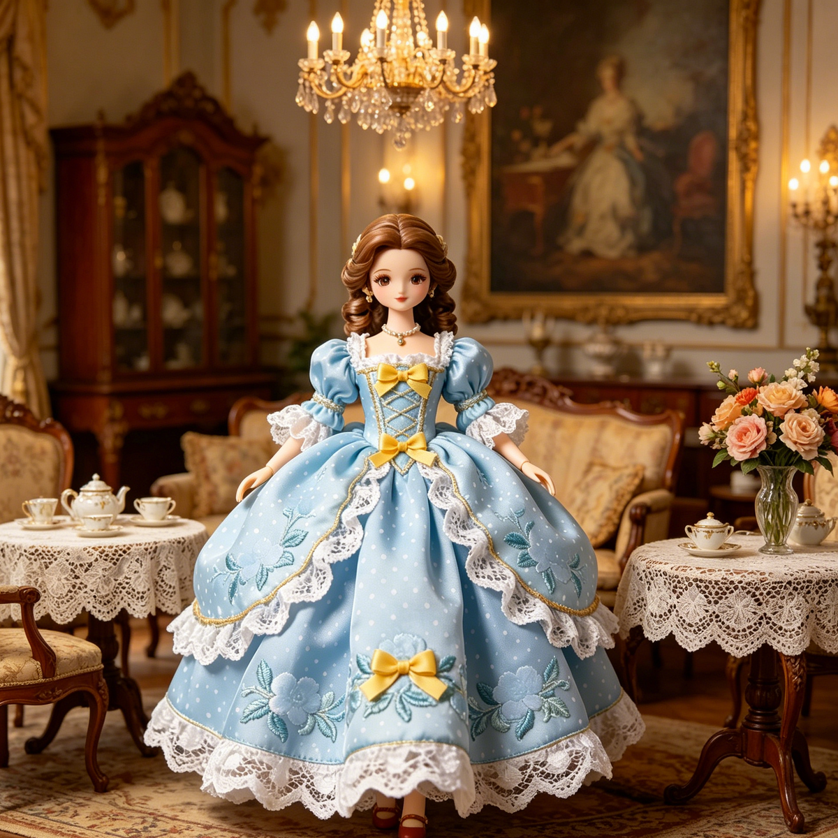 Sky-Blue Rococo Lace Doll Dress - Vintage Princess Outfit for Collectible BJD Doll