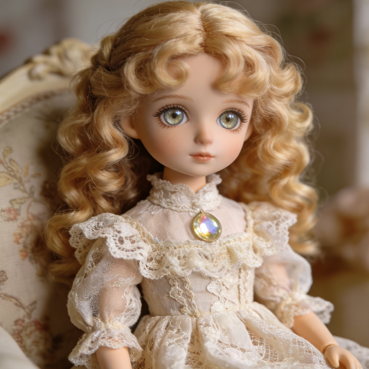 Vintage Court Lace Ball Gown - Ivory Floral Embroidered Doll Dress for 1/3 BJD Dolls with Gem Brooch