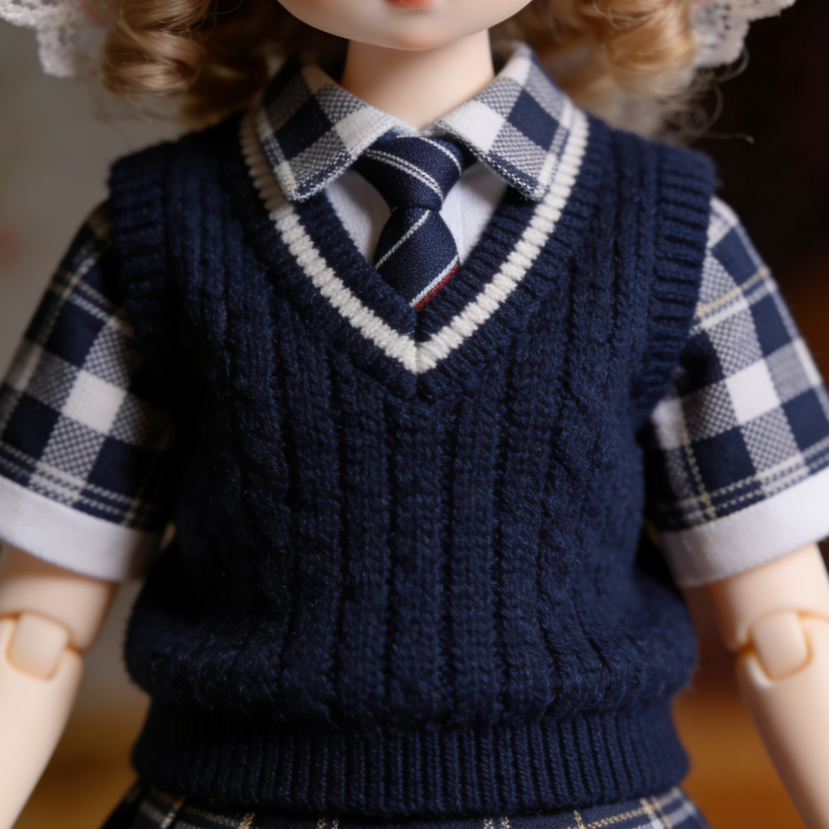 Preppy Knit Vest Plaid Doll Outfit - Navy Blue School Uniform Set for 1/4 BJD Dolls (Shirt, Tie, Vest, Skirt)