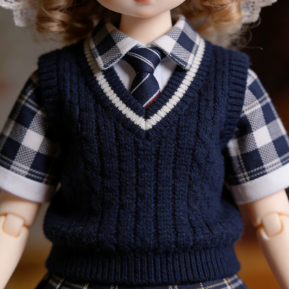 Preppy Knit Vest Plaid Doll Outfit - Navy Blue School Uniform Set for 1/4 BJD Dolls (Shirt, Tie, Vest, Skirt)