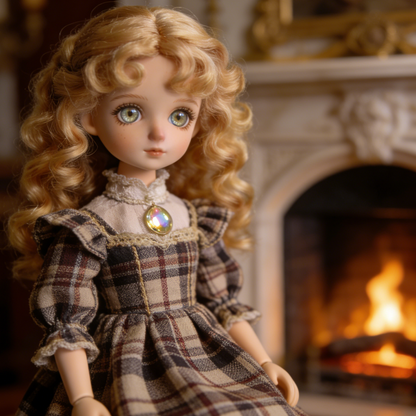 Vintage Plaid Court Dress - Brown Tartan Doll Outfit with Lace Collar for 1/4 BJD Dolls